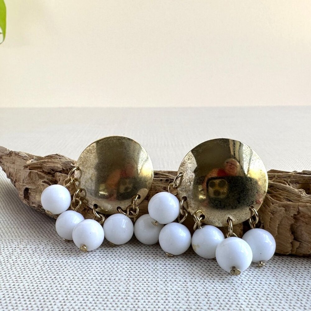 Vintage Sarah Coventry Earrings With Gold-Tone Circles & Milk Glass Dangles